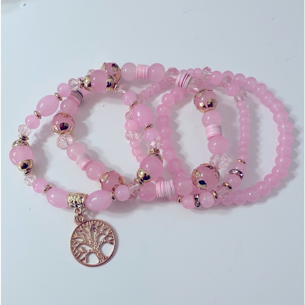 Pink beads bracelets set of 4 pcs stretch tree of life